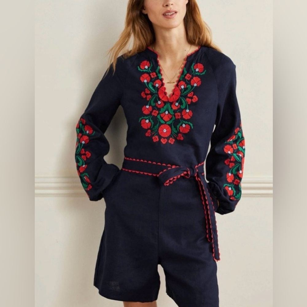 Boden Dark Blue Romper with Vibrant Red Accents - Picture 2 of 9